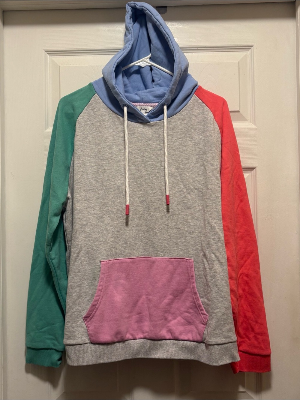 Joules Colorblock Hooded Sweatshirt in Light Blue, Gray, Green, Coral, Pink